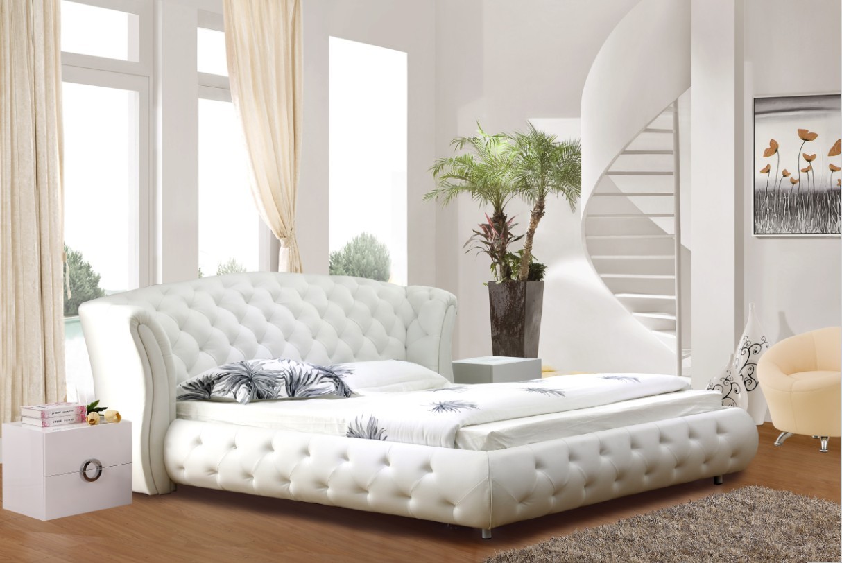 Leo Cow Leather Bed Queen Size White, White Leather Bed Queen